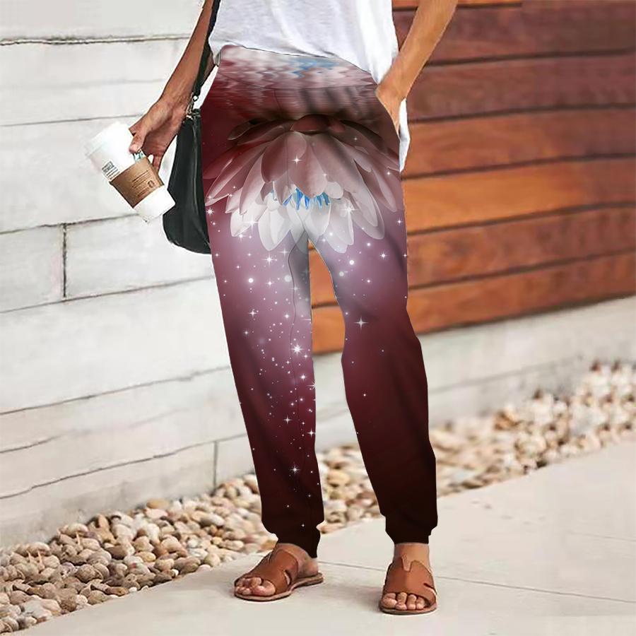 Pantaloni Dama cu Imprimeu Floral, cu Șiret, Talie Elastică, Largi, Pantaloni Lungi Casual, Pantaloni cu Buzunare