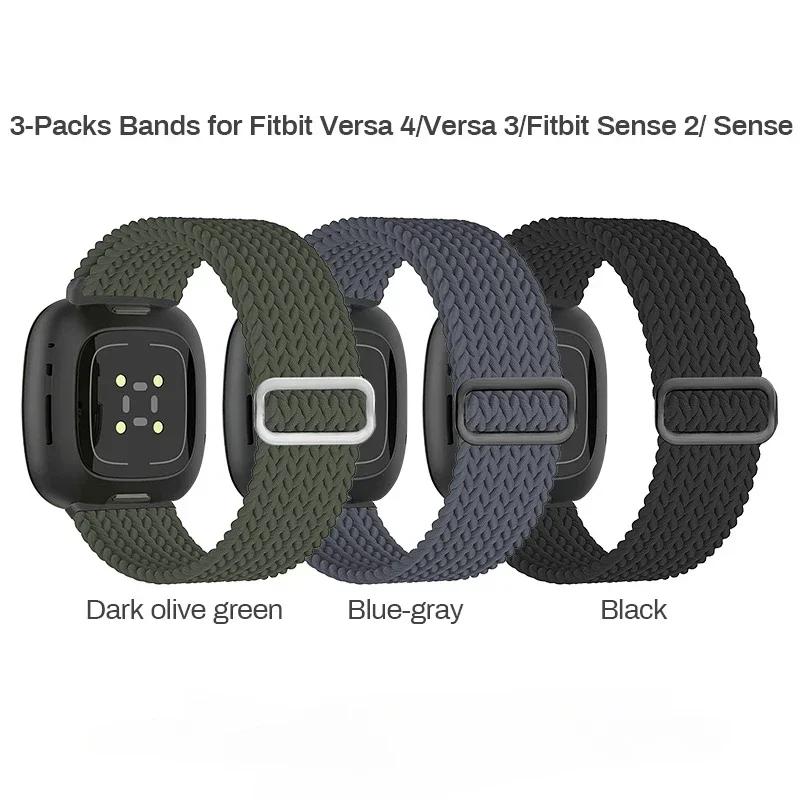 3 ks Sportovní pásky, Kompatibilní s Fitbit Versa 3/Versa 4/Sense 2/Sense, Nastavitelný pružný Solo Loop Nylonový náhradní řemínek