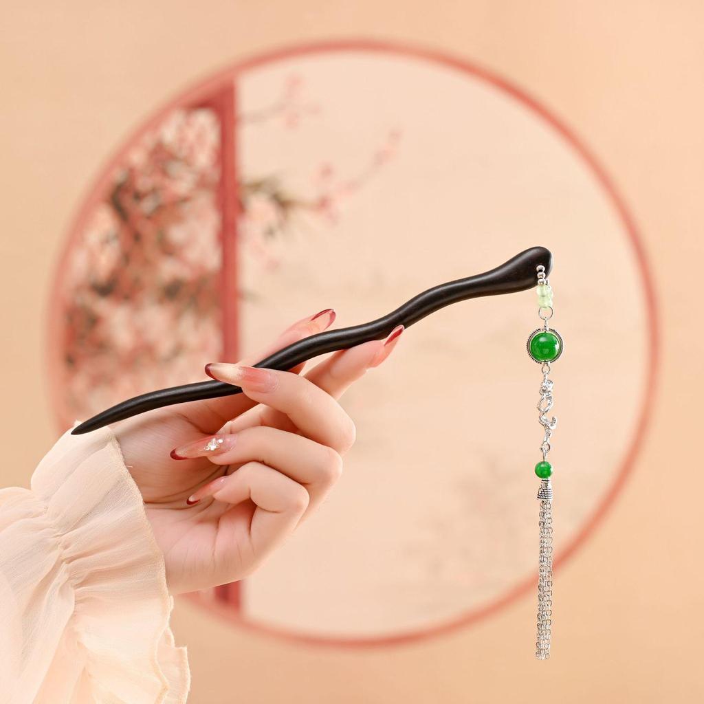 Ancient Style Black Sandalwood Tassel Hairpin for Qipao & Hanfu