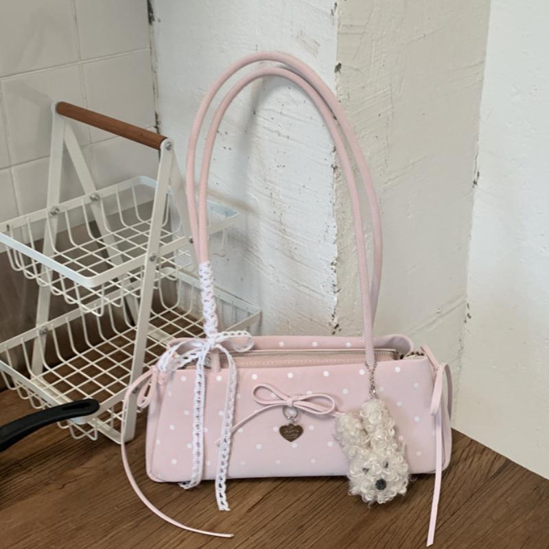 Bow-tie Lace Trim Shoulder Bag Korean Popular Polka Dot Handbags Cute Elegant Underarm Bag Zippered Large-capacity Commuter Bag
