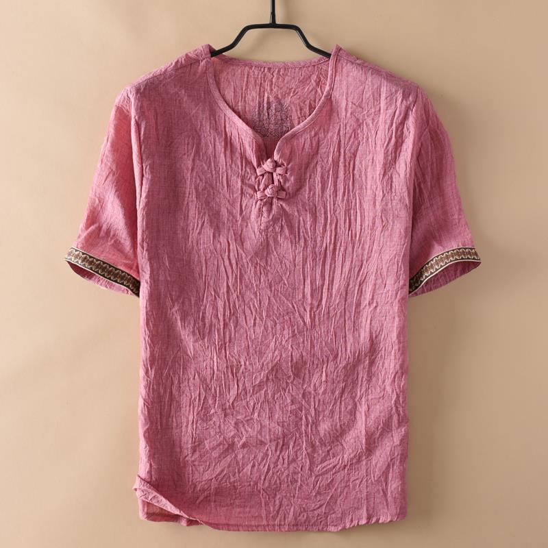 Men Chinese Style Vintage Printed Cotton Linen T Shirt Summer Male Casual V Neck Short Sleeve Breathable Tops Ropa Hombre M-5XL