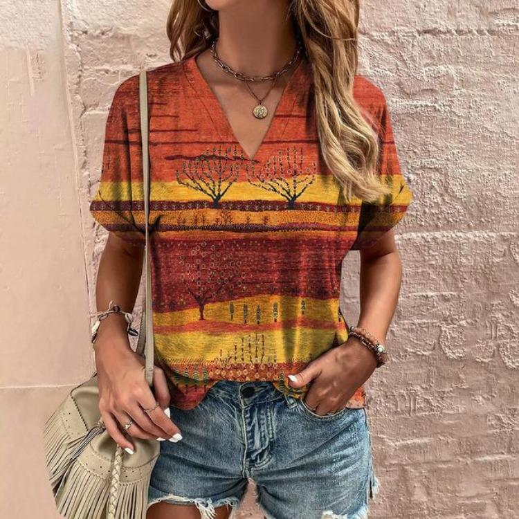 Retro Harajuku Women's Casual V-Neck Short Sleeve Summer Streetwear Pullover T-Shirt Tops New Fashion Stripe Print Tee