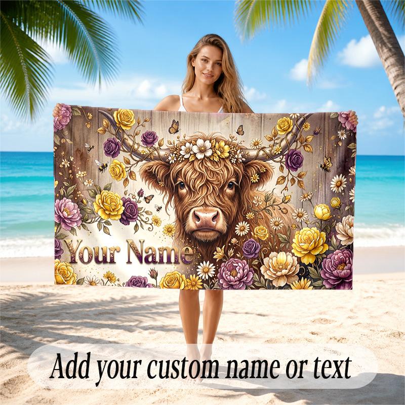 Highland Cow Theme Quick Dry Beach Towel Custom Name Text Print Large Sand Resistant Towel Beach Vacation