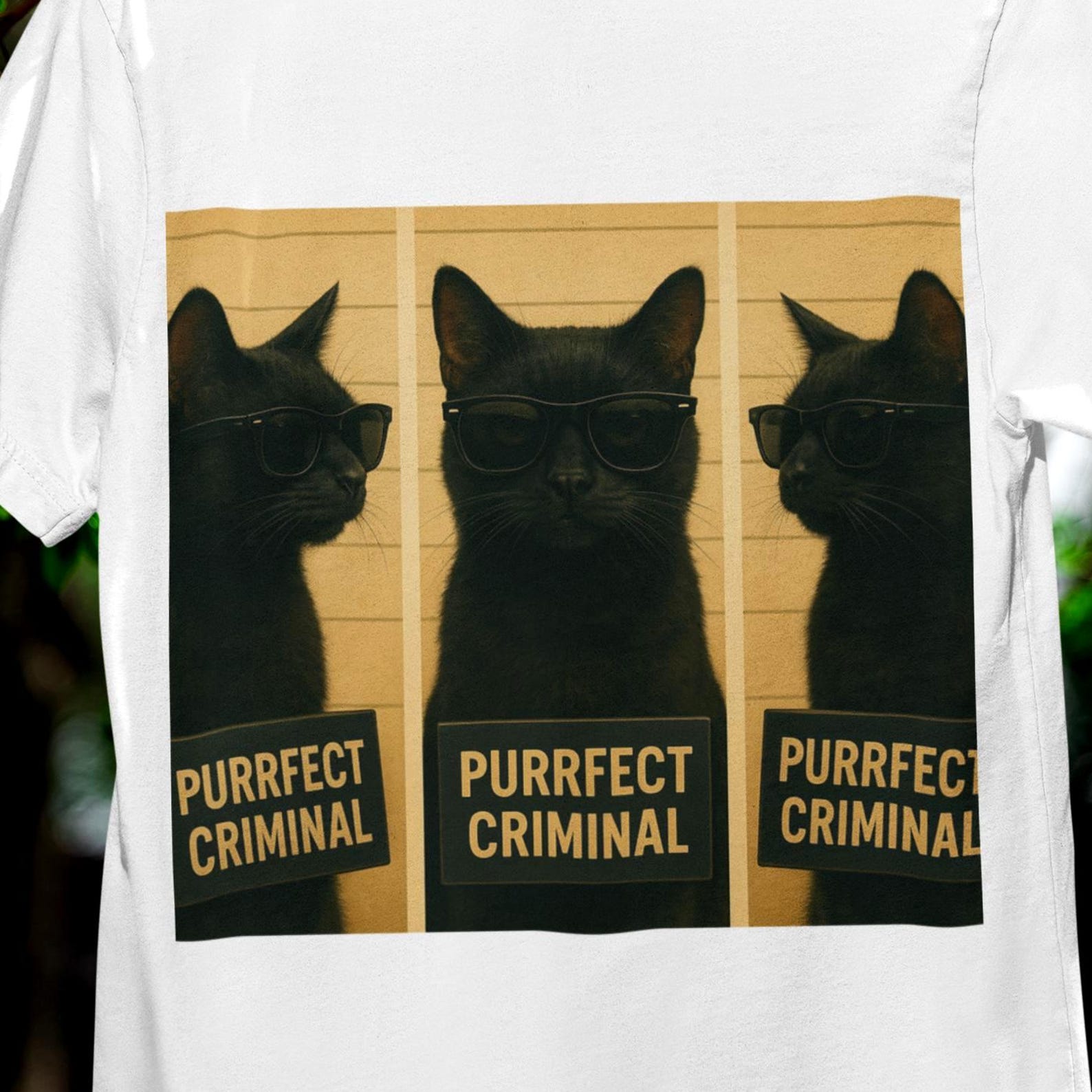 Funny Black Cat Mugshot Tee | Purrfect Criminal Cat T-Shirt | Cool Jail Cat With Sunglasses Graphic Shirt 4XL