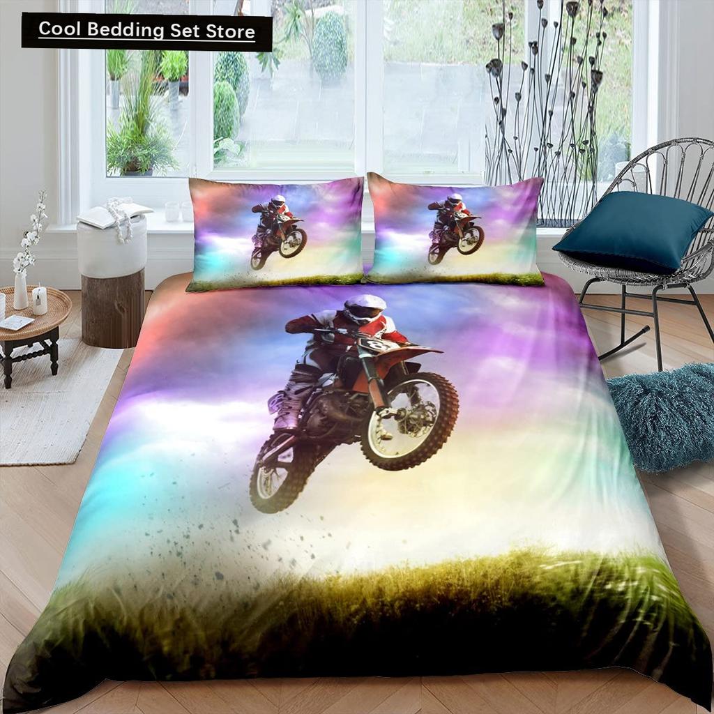 Dirt Bike King Queen Duvet Cover Motocross Sports Bedding Set Motorcycle Quilt Cover Youth Cool Black White Soft Comforter Cover