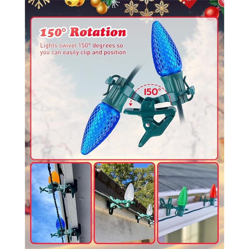 A25F-Outdoor C7 C9 Light Clips Pack Of 50 Universal Spring Clips For Christmas Lights, Fits Roofs,Compatible E12 E17 Sockets