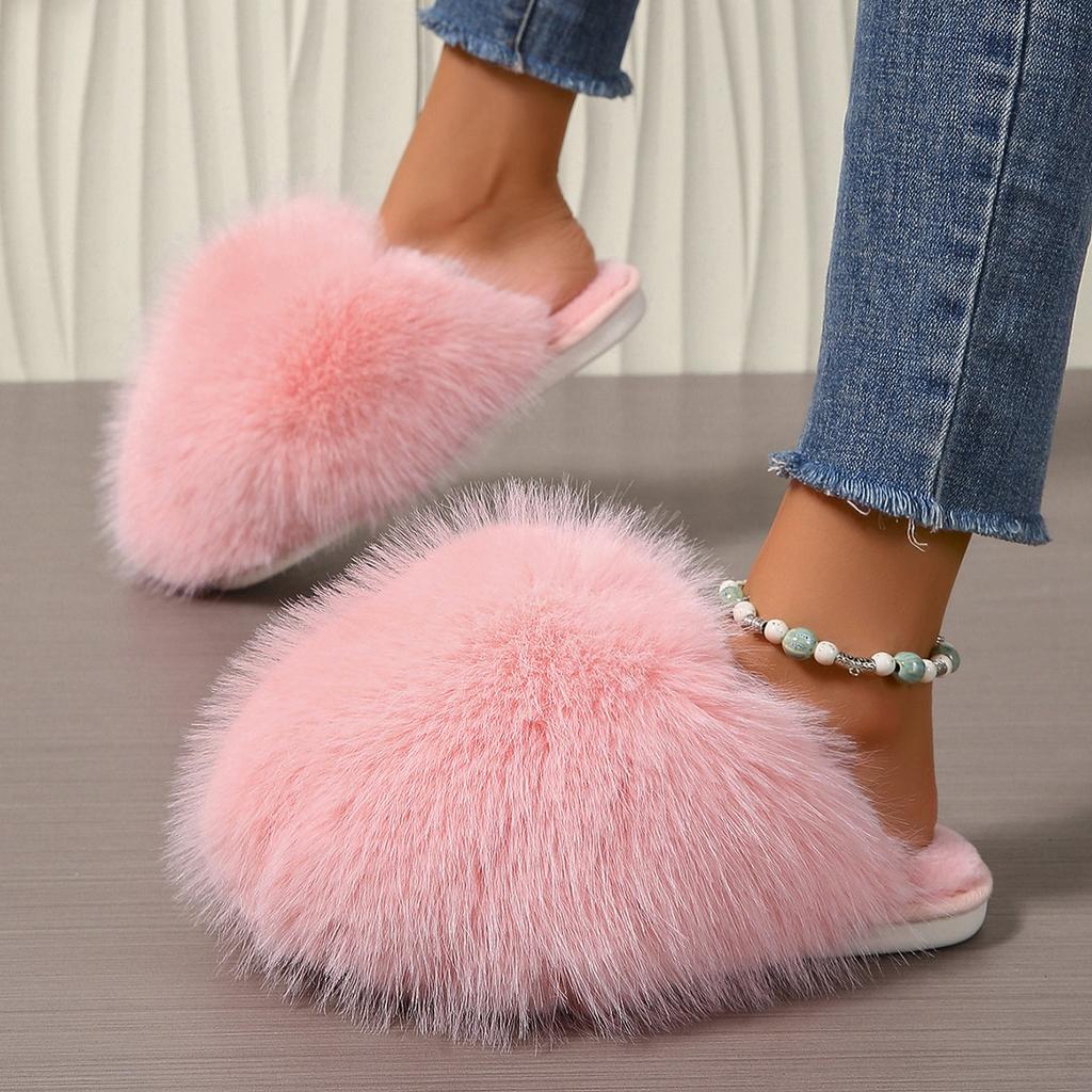 Winter Solid Color Fluffy Big Fur Slippers  Korean Style Faux Fur Slippers with Non-Slip Rubber Sole
