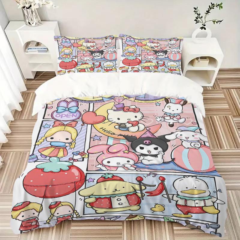 3pcs Carnival Celebration Hello Kitty and Friends Printed Bedding Set, Soft and Comfortable Quilt Cover for Bedroom, Guest Room (Not Included).S002