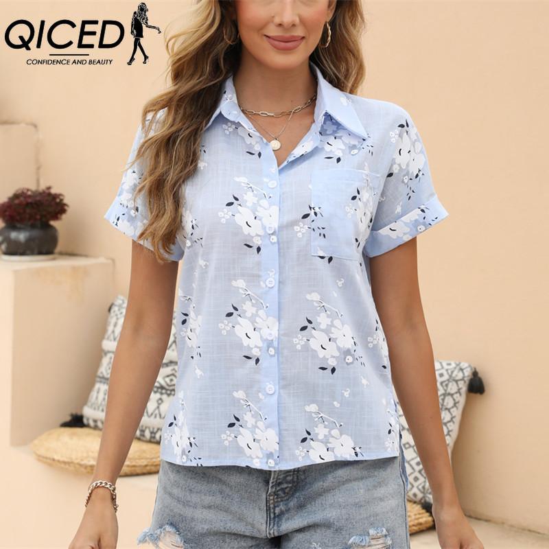 QICED Dámská móda Ležérní halenky a košile POLO s krátkým rukávem a výstřihem