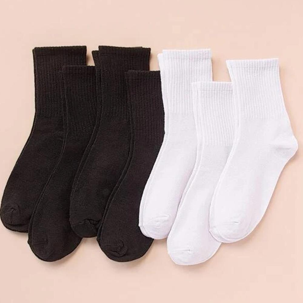 7/14/21 Pairs Women Classic Black And White Solid Color Fashionable Versatile Sweat-Absorbing Soft And Breathable Casual Socks