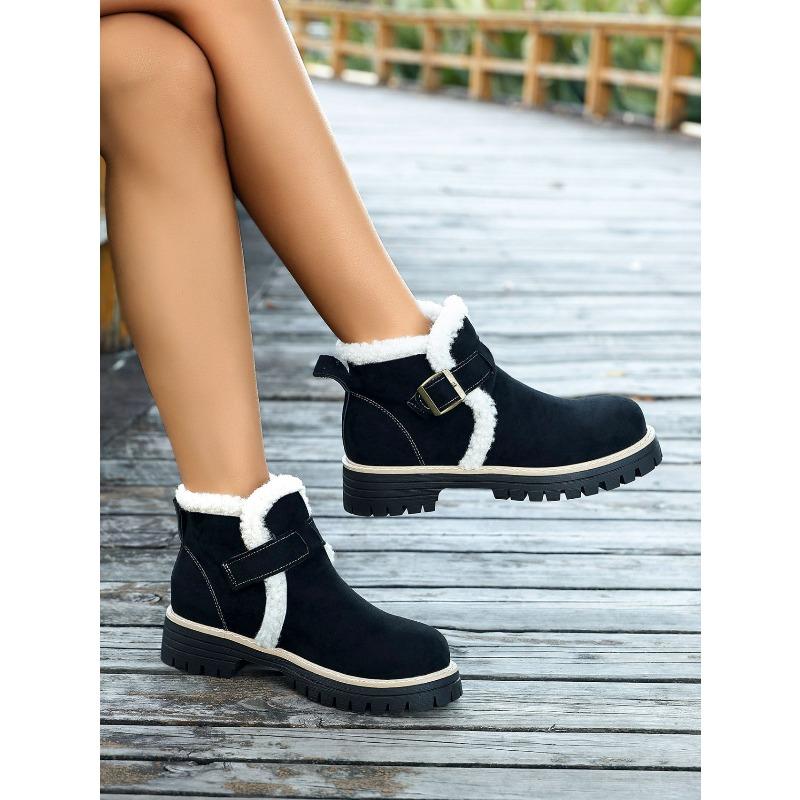 Fleece platform British style plus size cotton shoes women's 2025 winter new warm round toe buckle hairy booties