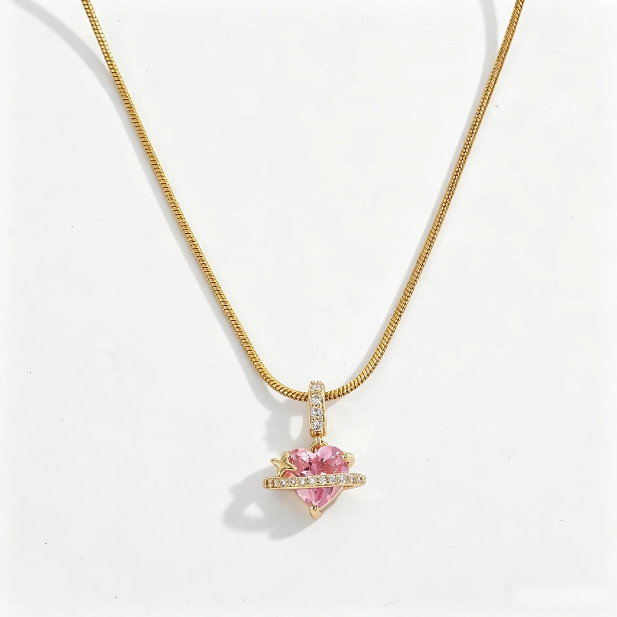 Women s Pink Heart-Shaped Necklace Copper Collarbone Chain Light Luxury Niche Design Versatile Fashion Accessory