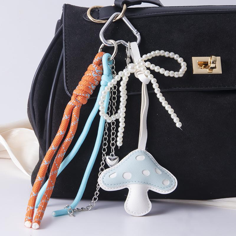 PU Leather Mushroom Decor Pendant Fashion Series Pearl Chain Student Backpack Woven Rope Decoration Accessories Bag Charm