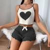 Women's Heart Print Ribbed Spaghetti Strap Crop Cami Top Bow Shorts Loungewear Two Piece Outfit Set