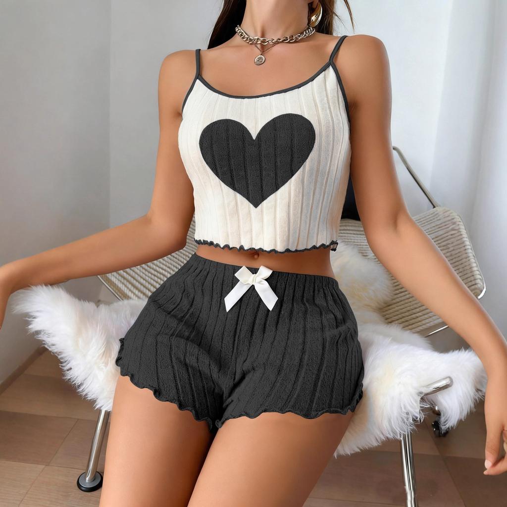 Women's Heart Print Ribbed Spaghetti Strap Crop Cami Top Bow Shorts Loungewear Two Piece Outfit Set