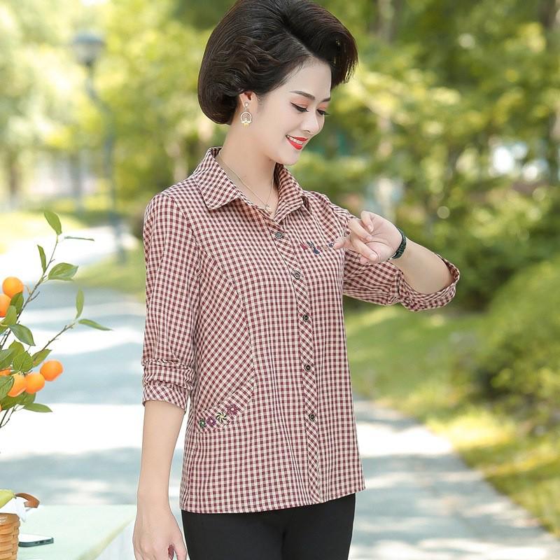 

Women s Spring/Fall Pure Cotton Plaid Embroidery Lapel Cardigan for Middle-Aged and Elderly - Long-Sleeved, Loose Fit Top. 4XL