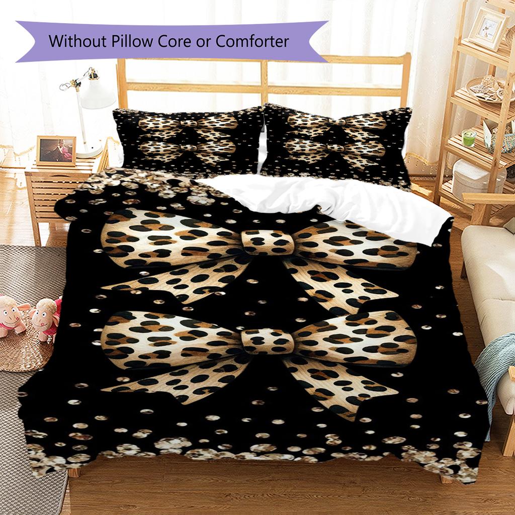 Leopard Bow Pattern Bedding Quilt Set Quilt Cover Pillowcase Home Decoration Gift (1 * duvet cover + 2 * pillowcase, without core)