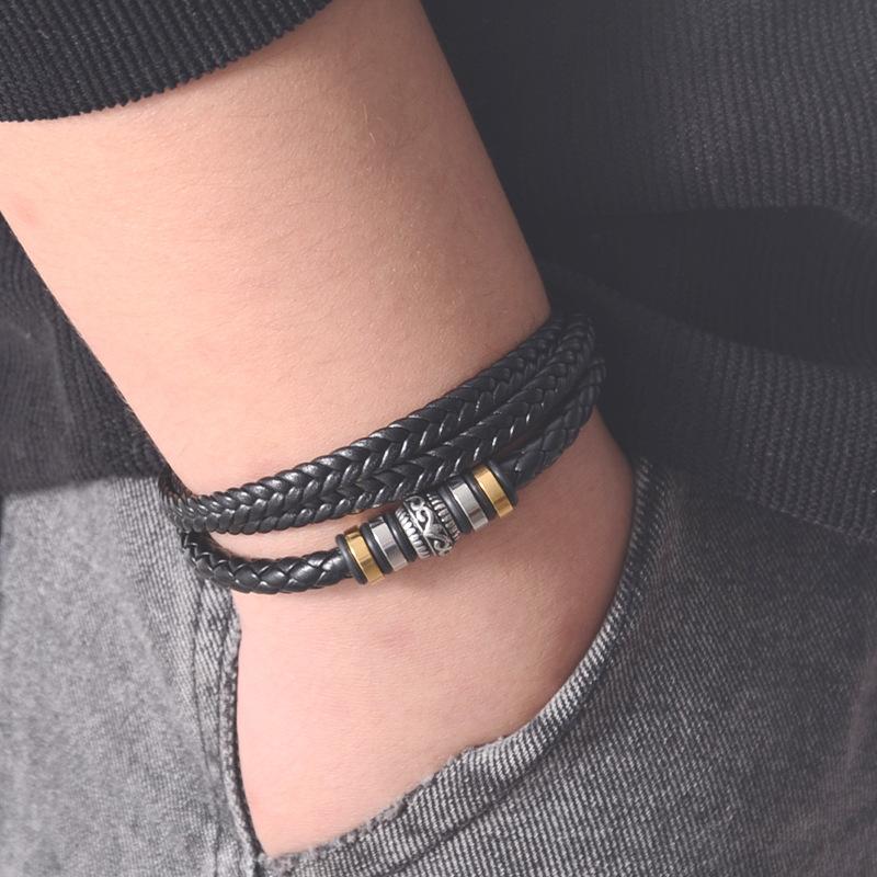 Ethnic Style Woven Bracelet, Stainless Steel Chain, Men's Multi-layer Woven Leather Rope Snap Bracelet