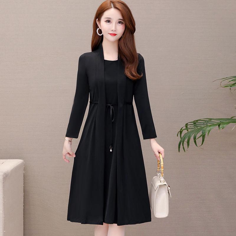 Spring & Autumn Long-Sleeve Two-Piece Dress for Middle-Aged Women - Slim Fit, Medium Length