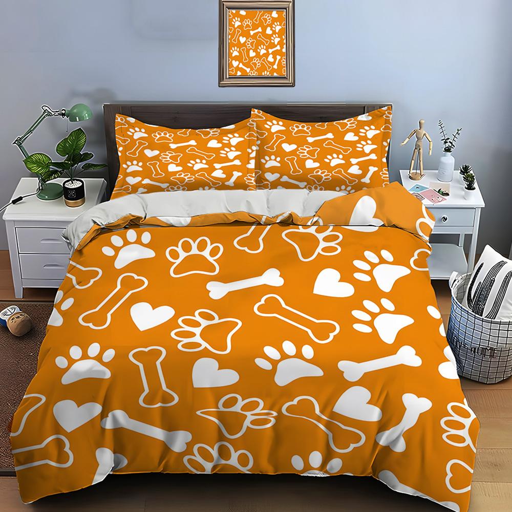 Paw Prints Bones Hearts Pattern Print Bedding Set 1 Duvet Cover 2 Pillowcases for Adult and Children Luxury Gift Full Size 135x200cm
