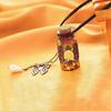 C181 Vintage Daisy Glass Wishing Bottle Necklace with Leather Cord and Butterfly Pendant