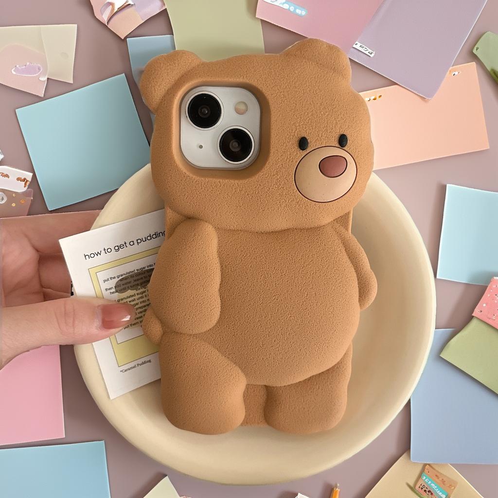 3D Cute Bear Silicone Case for 13-16 Pro Max with INS Cartoon Design Shockproof 360 Protection