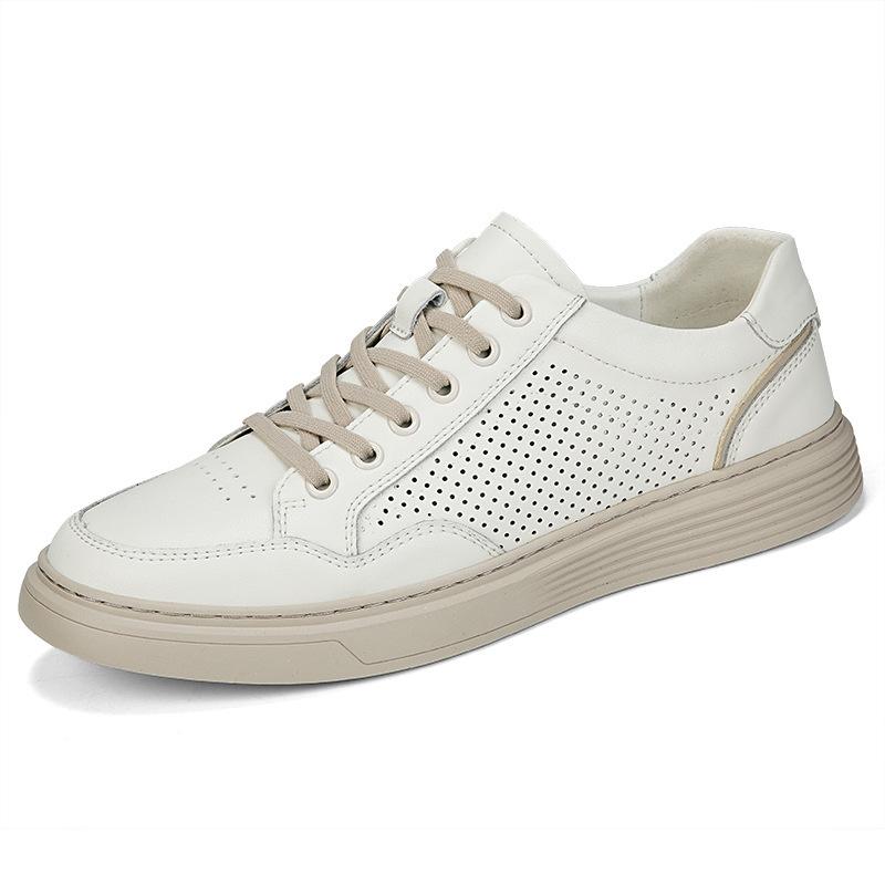 Spring 2024 Trendy Men's Breathable Leather Board Shoes - Comfortable, Hollow Design for Work and Casual Wear in White.