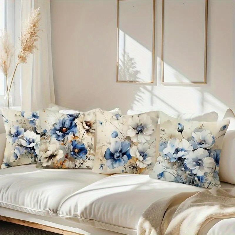 Weiche Blaue Anemone Aquarell Kissenbezug: Minimalistischer Kissenbezug mit floralem Thema für die Wohnzimmer-Sofa-Dekoration