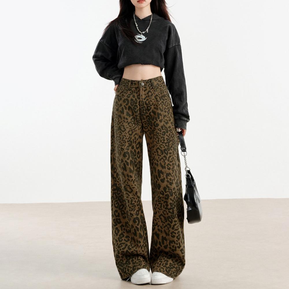 American Personalized Leopard Print Jeans Women's Spring and Autumn New High-waisted Straight Loose Wide-leg Mopping Jeans