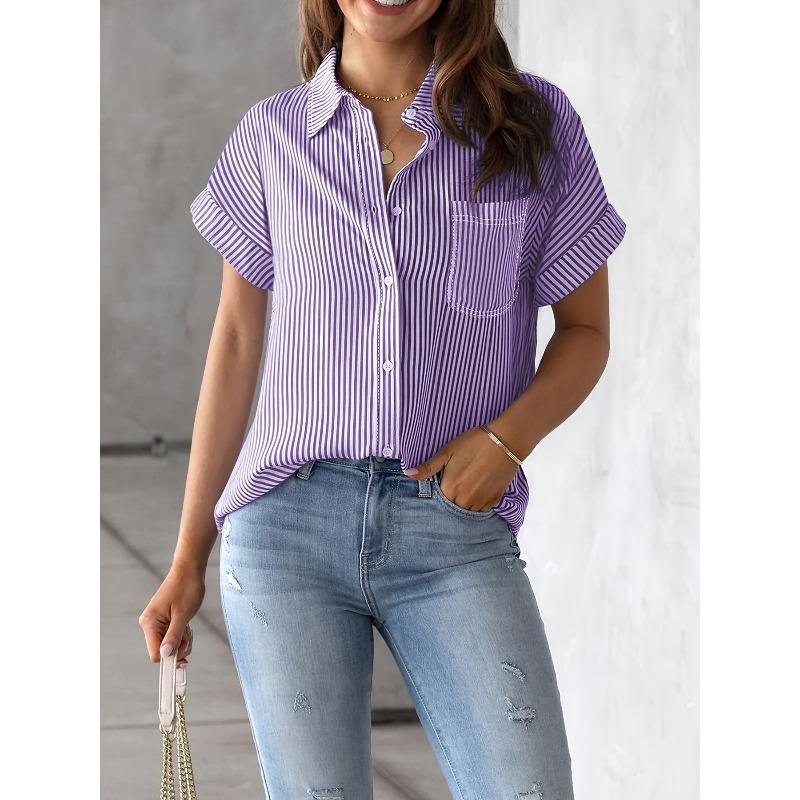 

DAFIFY Женские модные повседневные летние весенние полосатые рубашки с короткими рукавами и воротником-поло с принтом, блузки и рубашки XXL лавандовый