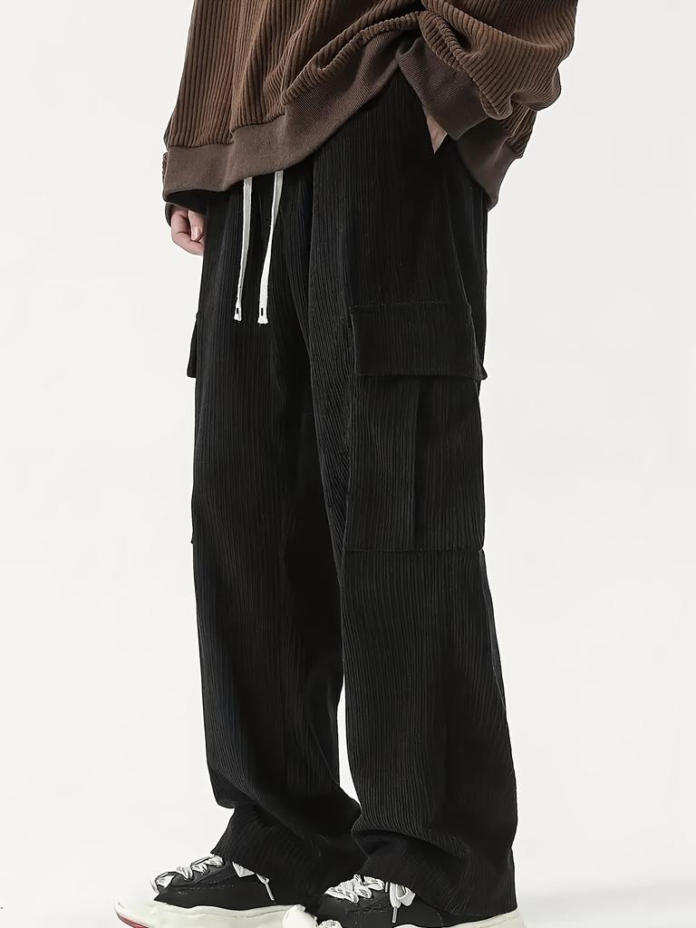 Men's Loose Solid Pants with Multi Pockets Casual Drawstring Trousers for Outdoor