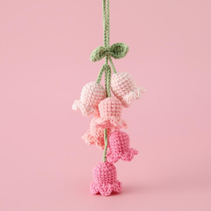 Vintage Bell Orchid Crochet Artificial Flower Pendant Lifelike Car Mirror Hanging Ornament for Bag Backpack Decor Gift