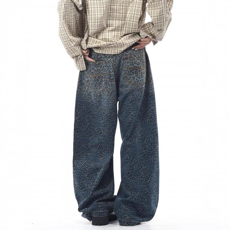 Vintage Washed Leopard Print Wide Leg Denim Pants Men Women Loose Fit Casual High Waist Straight Cut Jeans