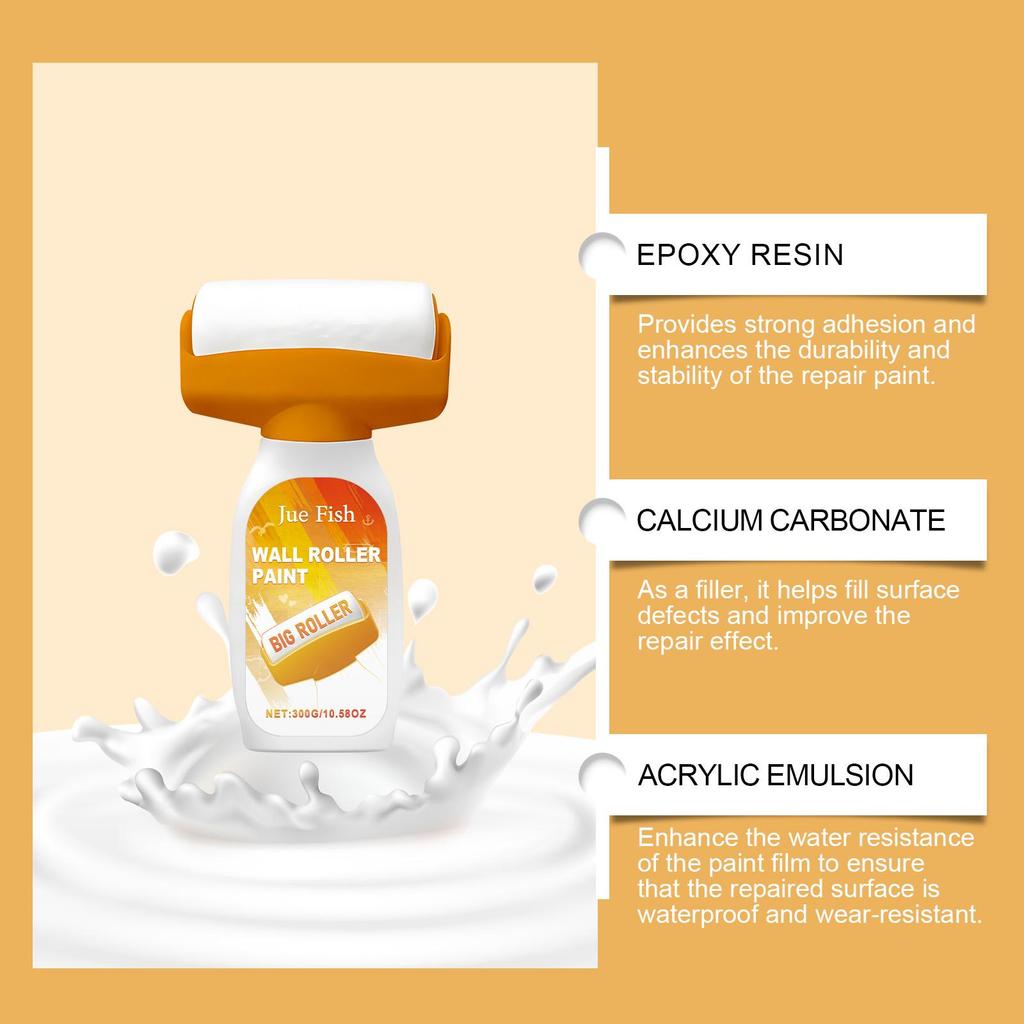 Jue-fish Quick-Fix Wall Roller Compound - White Instantly Conceals Holes, Nail Pits, and Cracks with One Coat (300g)