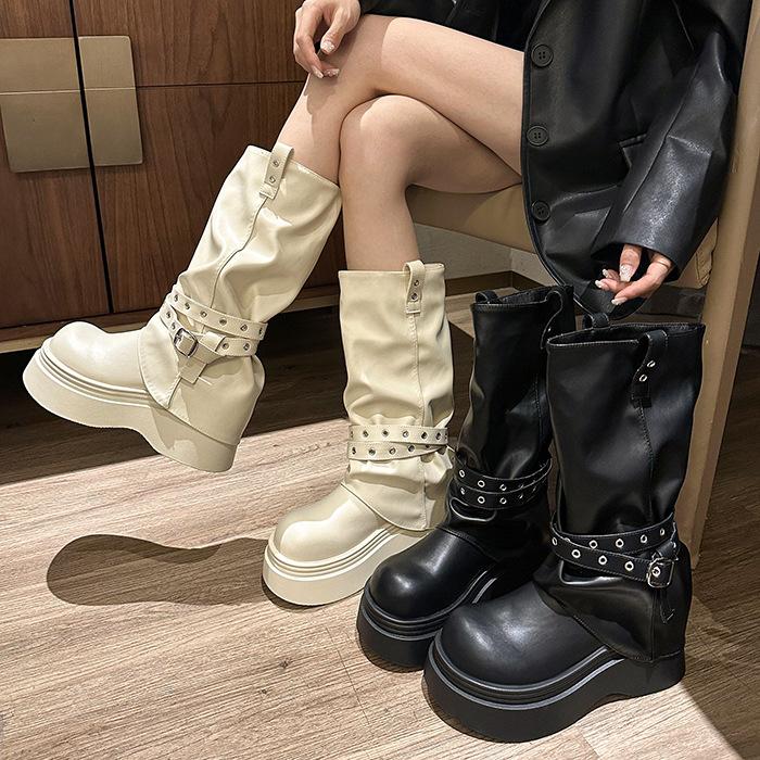 Black retro platform boots women's boots new autumn with skirt thin knight boots