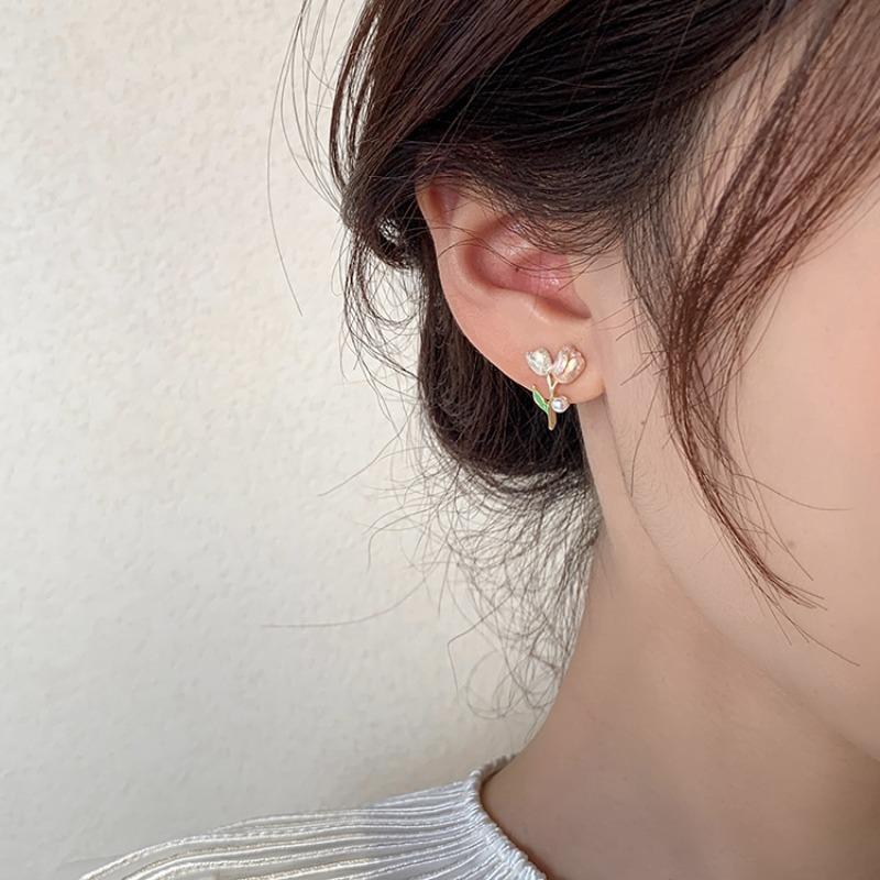 French Light Luxury Pink Tulip Flower Pearl Stud Earrings For Women Korean Zircon Exquisite Earring Party Christmas Jewelry Gift