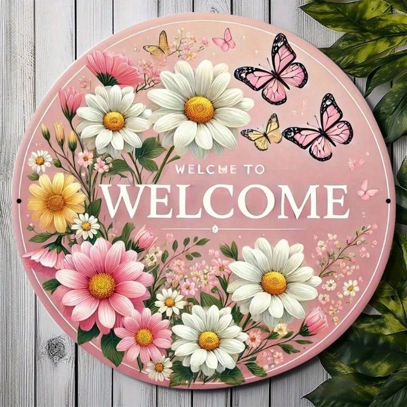 Metal Wall Art Poster, Floral Wreath with Butterfly, Home Garden Welcome Sign