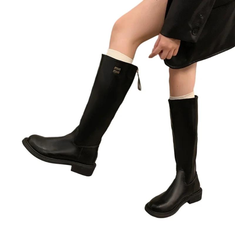 

Fashion Women s Petite High-top Versatile Riding Boots 2024 New Autumn/winter Thick Base Long Tube Slimming Boots Rubber Upper Material 35 чёрный