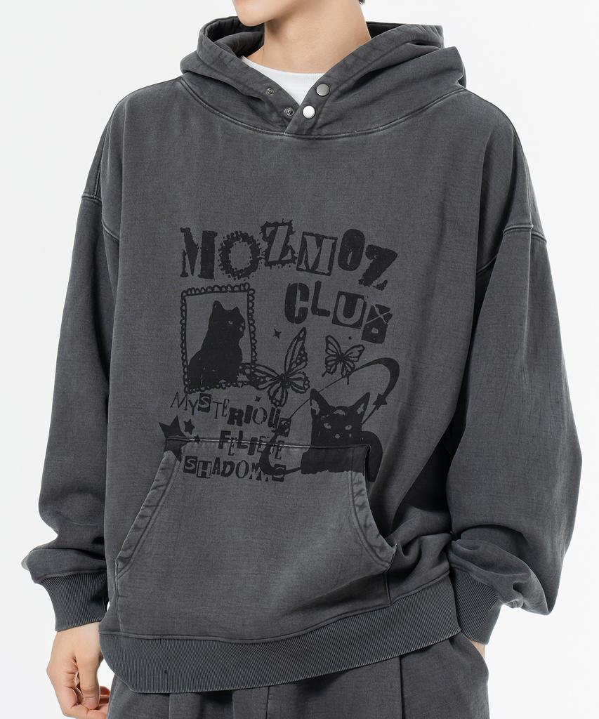 Terry Brushed Pigment Mystery Cat Oversized Hoodie Charcoal