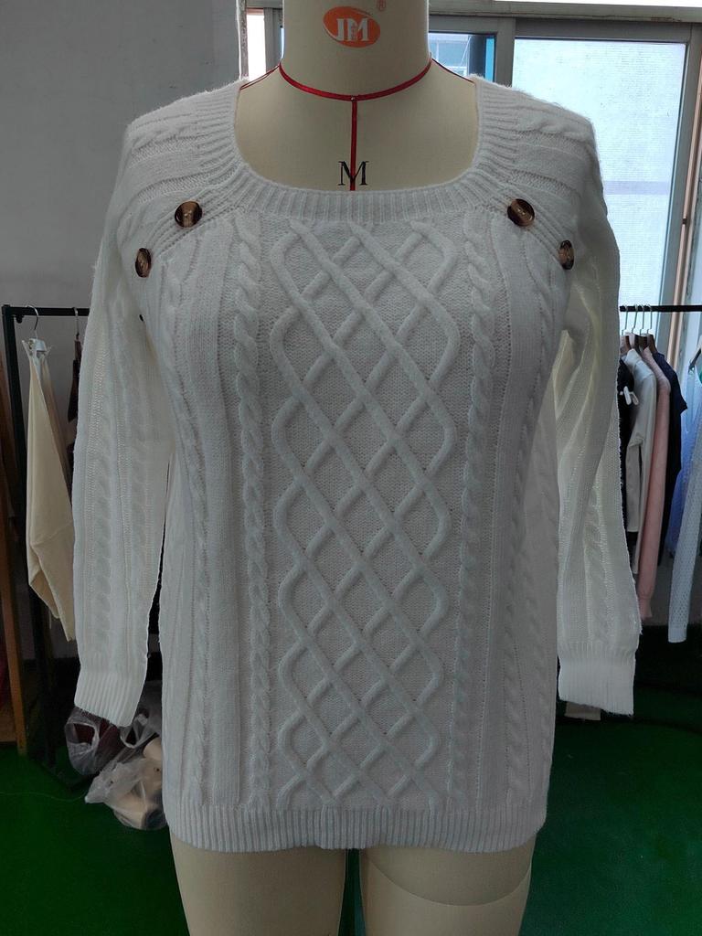 2024 Autumn/Winter Women's Casual Square Neck Button Cable Knit Sweater