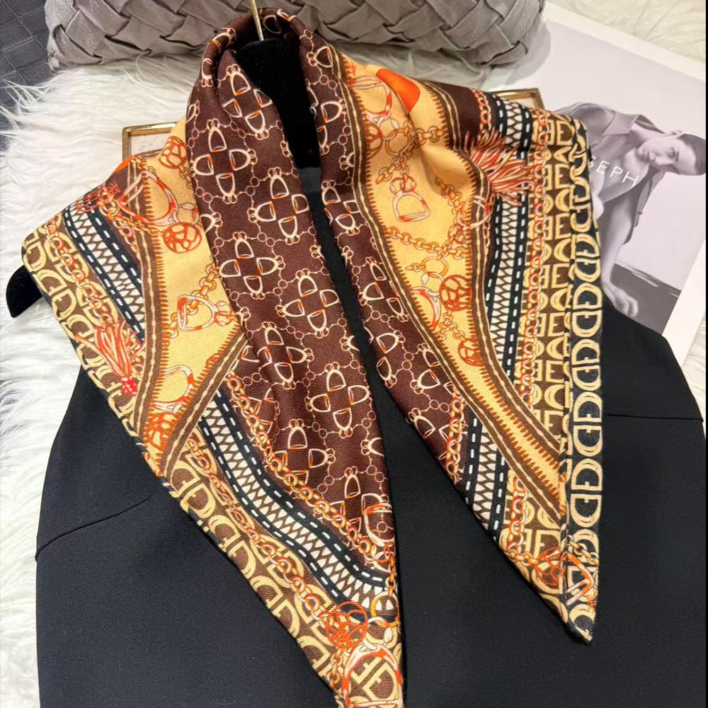 Yto Scarf Women's Gold New Coffee 100% Mulberry Silk Square Scarf Spring Fall Head Scarf Elegant Letters Neck Scarves Neckerchief 53*53Cm