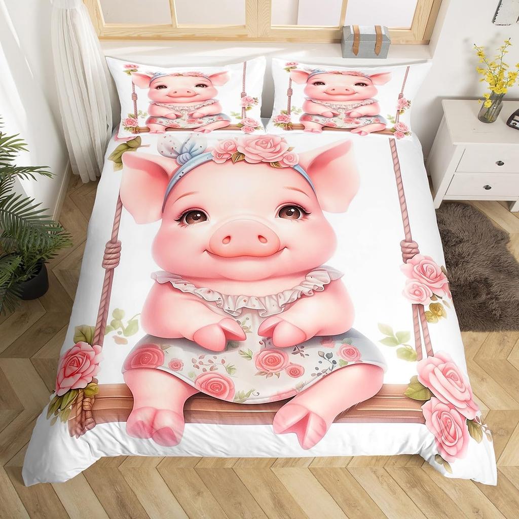 Adorable Lovely Couple Pig Soft Duvet Cover Twin King, Roses Daisy Floral Valentine's Romantic Beding Set,Carton Animal Rustic Warm Comforter Cover