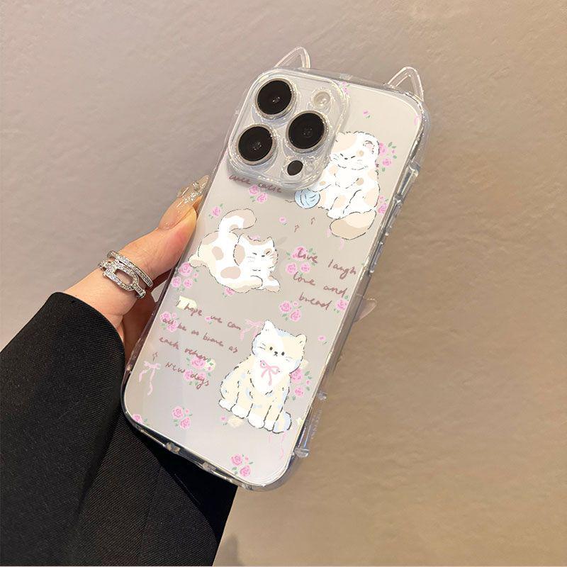 Transparent Rose Pompom Kitten Phone Case with Cat Ears for Apple 13, 14, 15Pro, and 17ProMax