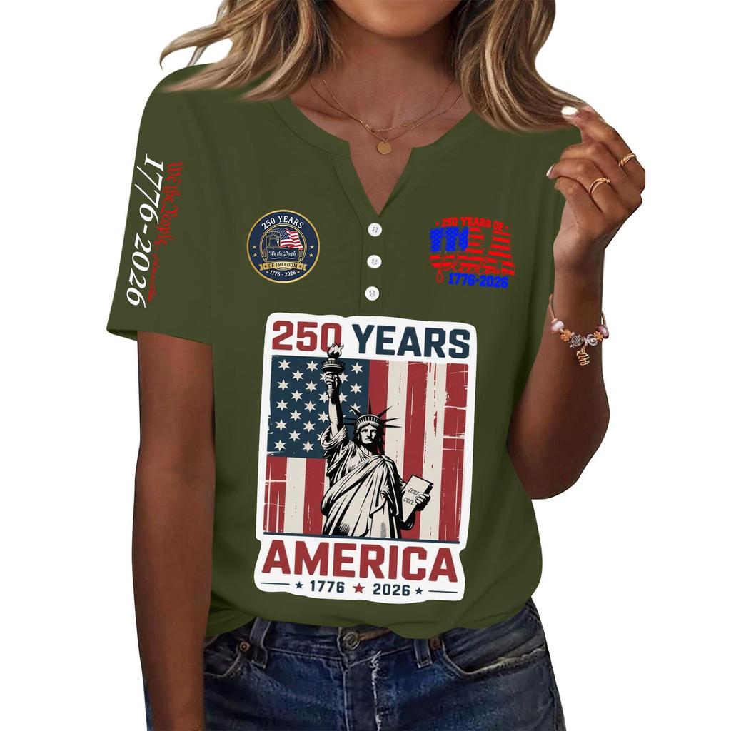 Women's Fashion Casual 250th Anniversary Independence Day Print V-Neck Short Sleeve Decorated Button-Up T-Shirt