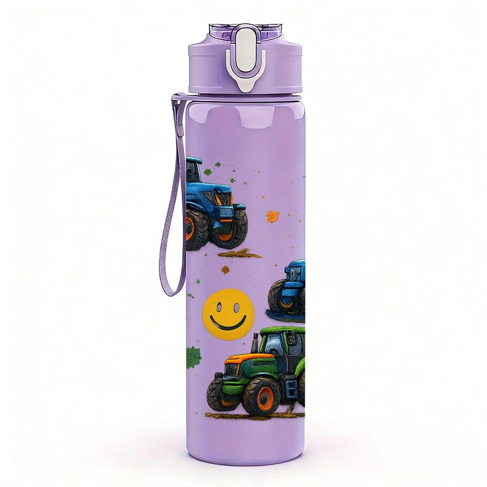 1PC Smiley Face Tractor Pattern 750ml Color Plastic Sports Water Bottle Leakproof Flip Straw Lid Suitable for Sports Office Home Use