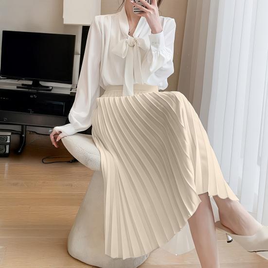 Women Pleated Skirt Elastic High Waist Solid Color Midi Skirt Soft Breathable Office Lady Slimming Skirt Daily Wear