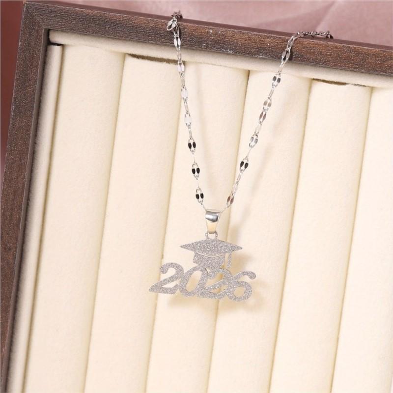 Stainless Steel Matte Golden Mortarboard Featuring Number Pendant Necklace for Women Graduation Memorial Jewelry Gifts