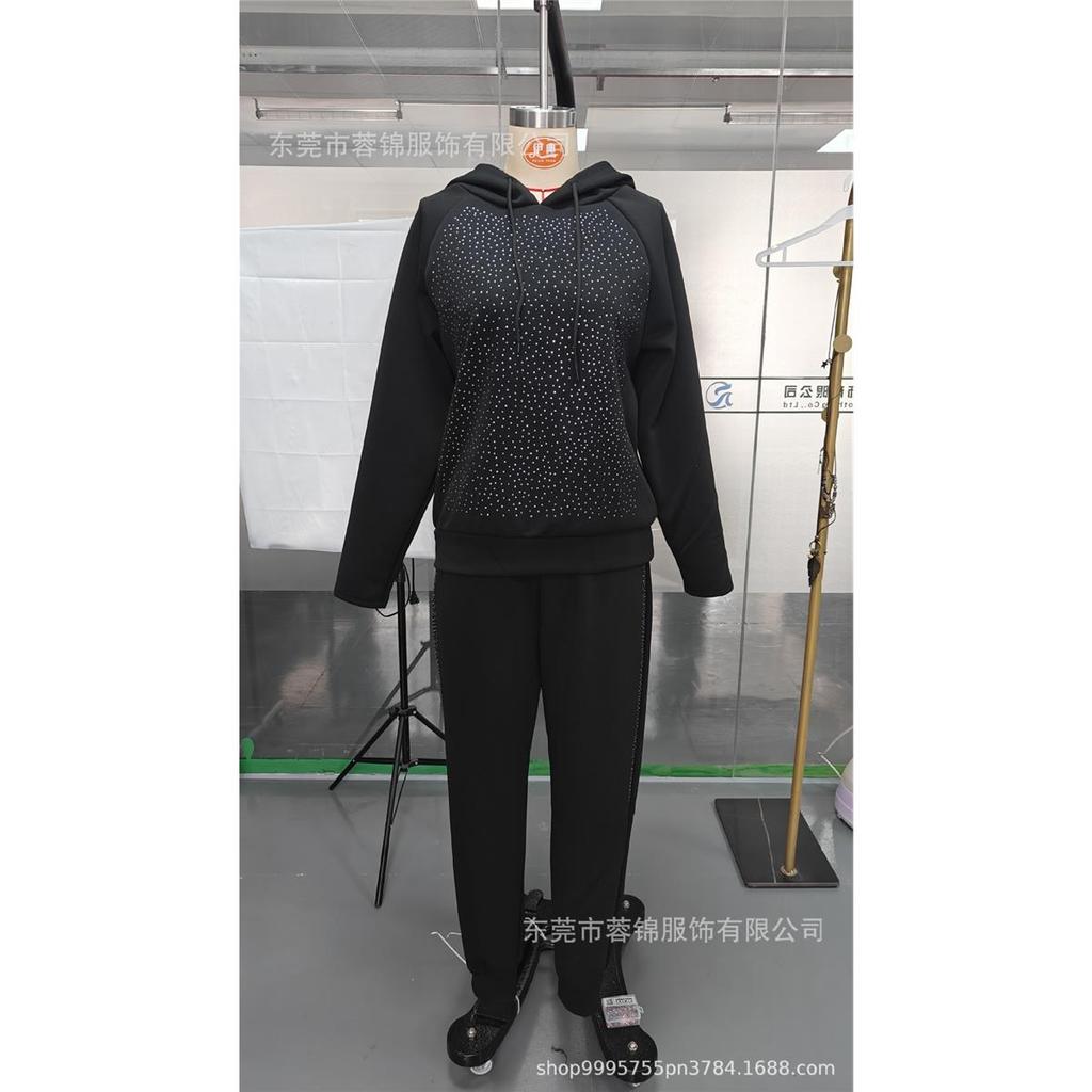 Women's Sets Plus Size Solid Color Long Sleeves with Pockets Rhinestone Hooded Sweatshirt Trousers 2 Piece Set