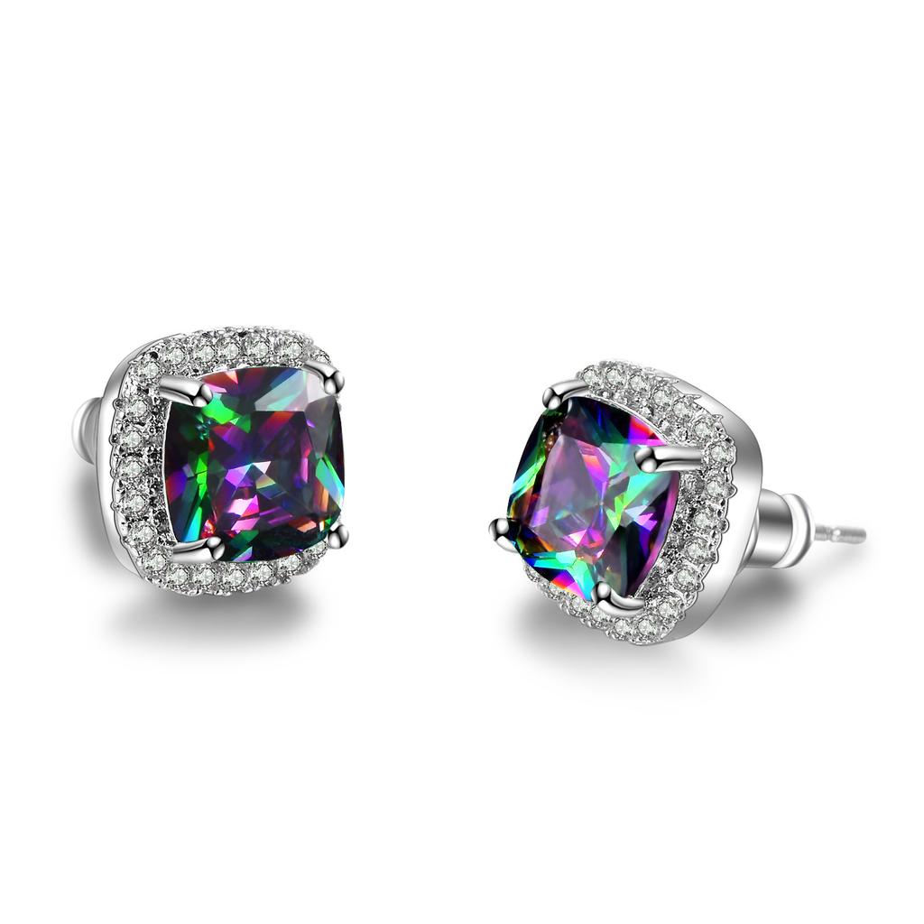 Luxury Female Yellow Pink Stone Earrings Fashion Silver Color Wedding Jewelry Vintage Double Stud Earrings for Women