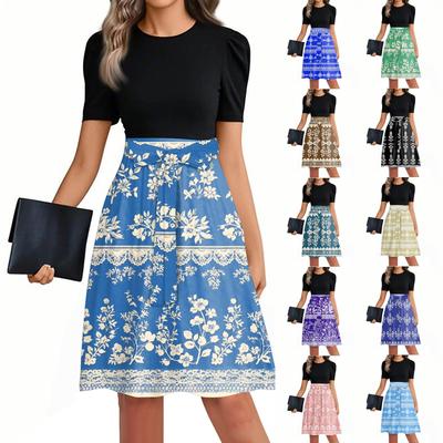 Vestido Casual da Moda Feminino com Cinto, Manga Curta, Gola Redonda, Estampado e Patchwork